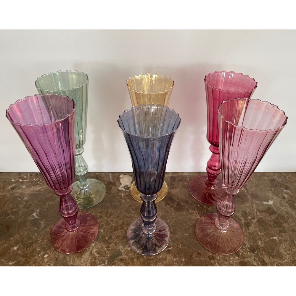 6 Handblown Venetian Murano Glass Iridescent Ribbed Champagne Flutes Multicolor - Picture 4 of 16